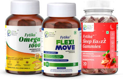 FYTIKA Omega 1000 + Flexi Move + Sleep Eazzz, Sleep Gummies - Combo (Pack of 3) 30 Each(3 x 30 No)