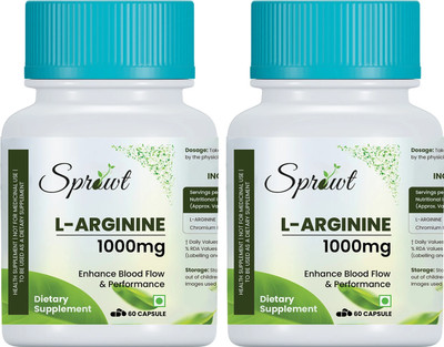 Sprowt L-Arginine 1000mg Supplement | Boost Nitric Oxide Level, Pre Workout Supplements(2 x 60 Capsules)