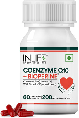 INLIFE Coenzyme Q10 CoQ10 200mg with Bioperine (Piperine) 8mg Supplement - 60 Veg Caps(60 No)