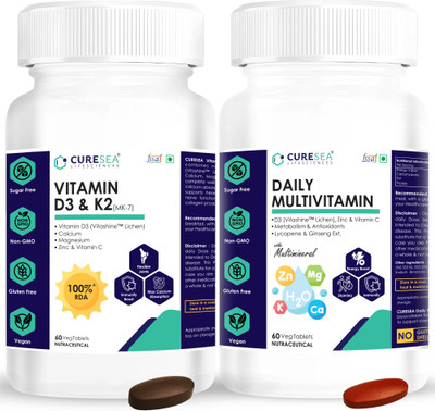 CURESEA LIFESCIENCES Vegan Vitamin D3 (Lichen) & K2 (MK-7) and Daily Multivitamin with Lycopene Combo(2 x 60 No)