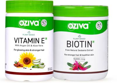 OZiva Stronger and Thicker Hair Routine (Vitamin E Capsules + Plant Based Biotin)