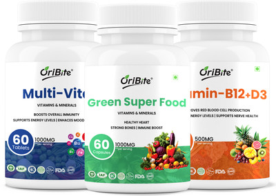 Oribite Multivitamin, Green Super Food, Vitamin B12+D3 | Boosts Energy & Bone Health(3 x 60 Capsules)