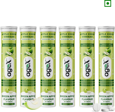 Age x Apple Cider Vinegar Effervescent Tablets, Green Apple Flavour, 500mg(6 x 20 Tablets)