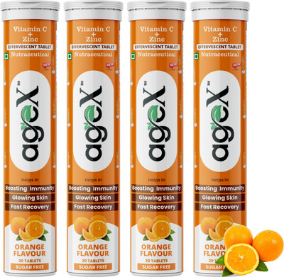 AGE-X Vitamin C 80mg + Zinc 10mg Effervescent | Immunity & Skin | Orange(4 x 20 Tablets)