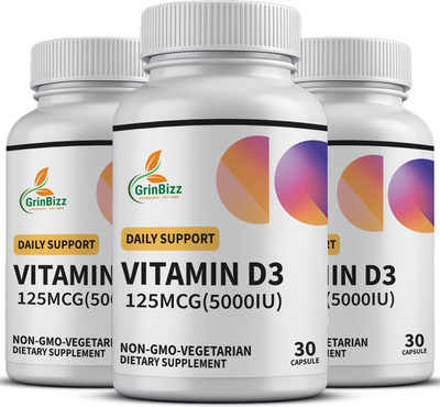 grinbizz Vitamin D3 Capsules – Boosts Immunity & Supports Bone Health(Pack of 3, 90 Capsules)