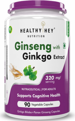 HealthyHey Nutrition Ginseng + Ginkgo Biloba - Improves Memory & Concenration - 90 Veg Capsules(160 mg)