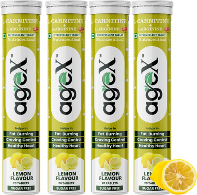 AGE-X L-Carnitine 500mg + L-Arginine 3000mg Effervescent Tablet | Sugar-Free | Lemon(4 x 20 Tablets)