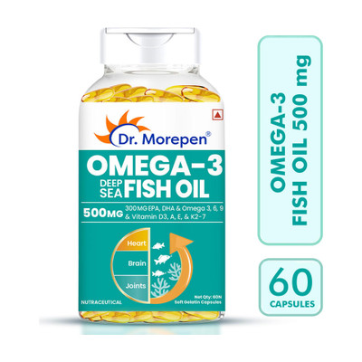 Dr. Morepen Omega-3 Deep Sea Fish Oil | 500mg Capsules with Vitamin A & E| No Fishy Burps(60 Capsules)