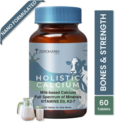 ZEROHARM Holistic Calcium for Women & Men- Milk Based Calcium with Vitamin D3, K2-7(60 Tablets)