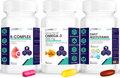 CURESEA LIFESCIENCES Omega 3 Salmon Fish Oil 1000mg+Daily Multivitamin+B Complex Combo Pack(3 x 60 No)