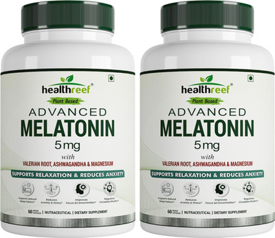 healthreef Plant-Based Advance Melatonin 5g with Valerian Root, Ashwagandha & Magnesium(2 x 60 Capsules)