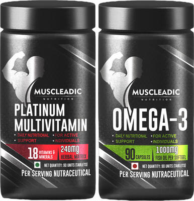 MUSCLEADIC Omega3 Fish Oil 1000mg Plus Multivitamins for Healthy Heart Brain Bon Joint Care(2 x 90 Capsules)