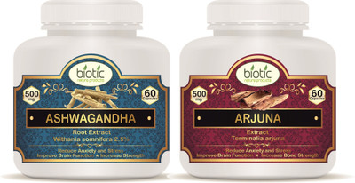 biotic Ashwagandha Capsules and Arjuna Capsules for Heart Care Extract 500mg-120 Capsules(2 x 60 No)