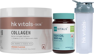 HEALTHKART HK Vitals Skin Radiance Collagen (Orange, 100 g) Fish Oil 1000mg & 650 ml Shaker(3 x 10 Capsules)