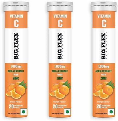 Bigflex Vitamin-C 1000mg Natural Amla Extract + 10mg Zinc effervescent Orange Flavour(3 x 20 Tablets)
