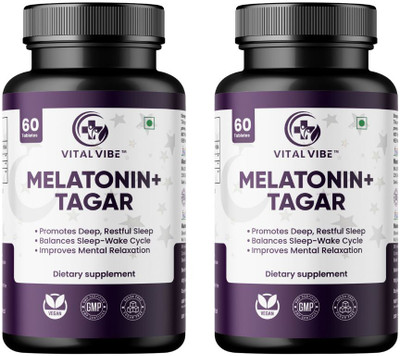 VITAL VIBE Melatonin 5 mg with Tagar 250 mg Tablets – Natural Sleep Support & Relaxation(2 x 60 Tablets)