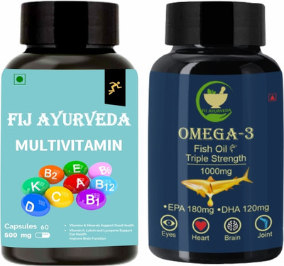 FIJ AYURVEDA Multivitamin Capsule with Triple Strength Omega 3 Softgel 1000mg –Combo Pack(2 x 750 mg)