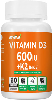 NutriJa Vitamin D3 600IU + K2 55mcg as MK7 Supplement, Stronger Immunity, Support Bones(60 Capsules)