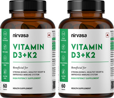 Nirvasa Vitamin D3 + K2 Tablets To Improve Immunity & Strong Bones(2 x 60 Capsules)