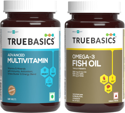 TRUEBASICS Multivitamin For Men and Women and Omega 3 Fish Oil, Triple Strength with 1250mg(2 x 60 No)