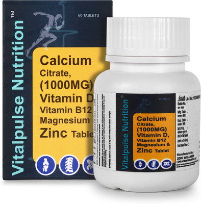 Vitalpulse Nutrition Calcium Citrate 1000mg with Vitamin D, B12, Magnesium & Zinc Tablets, 60 Count(60 Tablets)
