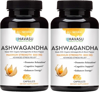 Havasu Organic Ashwagandha & Black Papper Maximum Strenght-800MG (PACK OF 2)(2 x 30 Capsules)