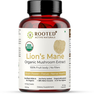 ROOTED USDA Organic Lions Mane Mushroom Extract Capsules - Pack of 2(2 x 60 Capsules)