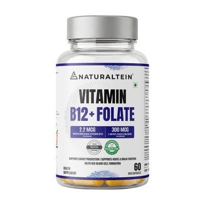 NATURALTEIN Vitamin B12 + Folate 60 Caps | Energy, Brain & Heart Support(60 Capsules)