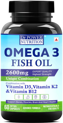 Dr Power Nutrition Omega 3 capsule with 2600mg Fish oil Vitamin D3 K2 B12 Triple strength(60 Capsules)