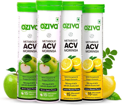 OZiva ACV Moringa (Green Apple - Lemon Masala) To Control Cravings, No Maltodextrin(4 x 15 Tablets)