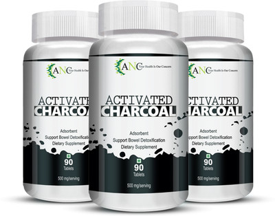 ANC Activated Charcoal 500Mg For Digestive Reduce Gas Support Skin Health Pack of 3(90 Tablets)