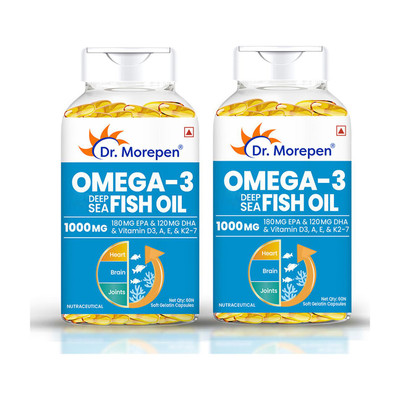 Dr. Morepen Omega-3 Fish Oil | 1000mg Capsules with Vitamin A,E & D3| No Fishy Burps(2 x 60 No)