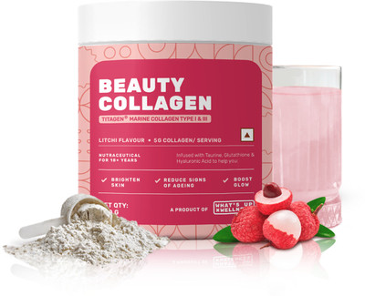What's Up Wellness Beauty Collagen with Glutathione & Certified Marine Titagen, Litchi Flavour(200 g)