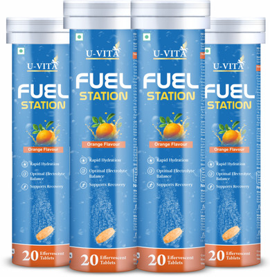 U VITA Fuel Station Electrolyte Effervescent Tablet, Orange Flavour.(4 x 20 Tablets)