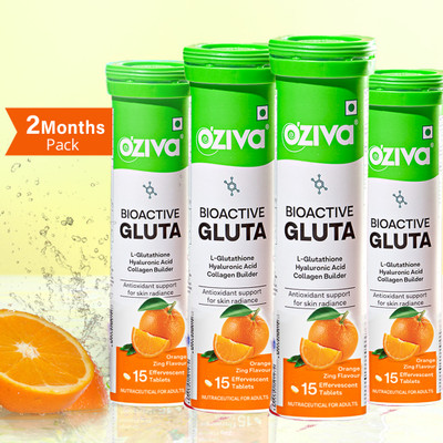 OZiva Bioactive Gluta Fizzy (Orange Zing) To Reduce Pigmentation, 5 Antioxidants(4 x 15 Tablets)