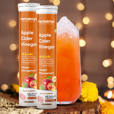 Herbal max ACV Effervescent: Peach Flavor with Garcinia, Pomegranate, B12 & B6(2 x 15 Tablets)