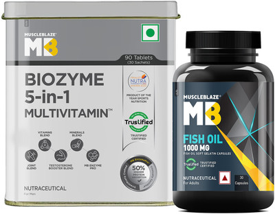 MUSCLEBLAZE Biozyme Daily Multivitamin, 90 Tablets with Omega 3 Fish Oil 1000mg, 30 Capsules(2 x 60 Tablets)