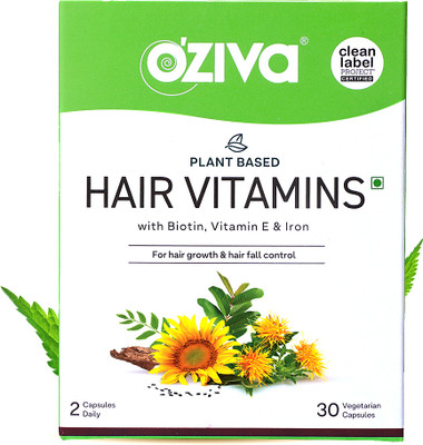 OZiva Plant Based Hair Vitamins(with Biotin & Iron)for Hair Regrowth |Hairfall Control(30 Capsules)