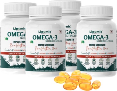 Lipomic Omega 3 Fish Oil 2500mg Triple Strength with 900mg EPA + 600mg DHA - Pack of 4(4 x 60 Capsules)