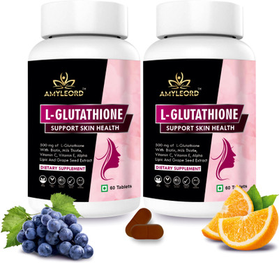 Amyleord L-Glutathione Tablet 1000mg with Vitamin C&E, Biotin, Grape Seed for Skin Glow(2 x 60 Tablets)