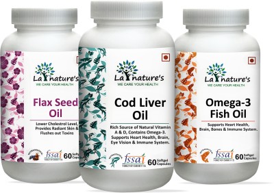 La Natures Flax Seed Oil + Cod Liver Oil + Omega3 Fish Oil Softgel Capsule Combo Pack of 3(3 x 60 Tablets)