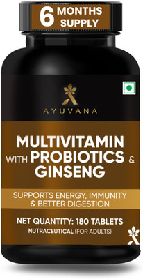 Ayuvana Multivitamin with Probiotics & Ginseng | Supports Energy, Heart & Digestion(180 Tablets)