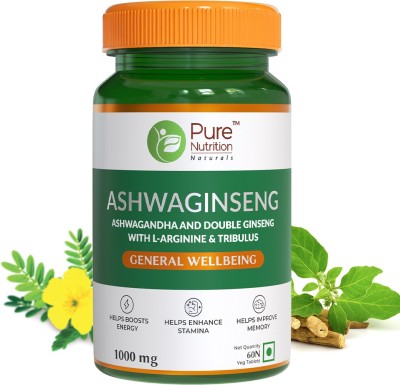 Pure Nutrition Ashwaginseng | Ashwagandha, Ginseng & Tribulus |Stamina, Energy, Brain Health(60 Tablets)