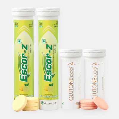 Glutone 1000 Effervescent 15 Tablets(Pack of 2)and Escor-Z Lime&Lemon20 Tablets(Pack of 2)(4 x 17.5 Tablets)