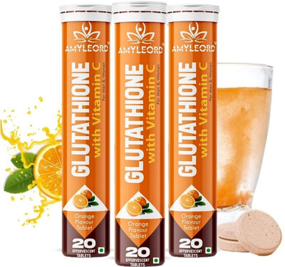 Amyleord Glutathione & Vit C Help In Skin Glowing| effervescent tablets |Orange Flavour(3 x 20 Tablets)