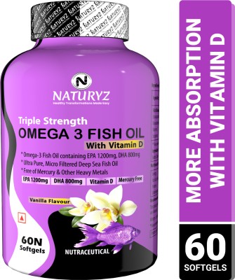 NATURYZ Triple strength fish oil with vitamin d EPA 1200 MG DHA 800mg vanilla flavour(60 Capsules)