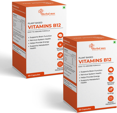 Herbal max Plant Based Vitamin B-12, 2.2mcg |Boost Energy Level, Supports Brain Function(2 x 60 Capsules)