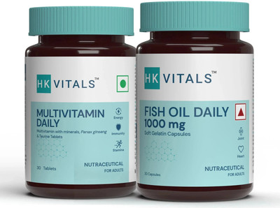 HEALTHKART HK Vitals Multivitamin + Fish Oil (30N tabs+ 30N Softgel caps), 2 Piece(s)/Pack(60 No)