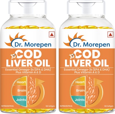 Dr. Morepen Cod Liver Oil Source of Omega 3, Vitamin A & D, Support Heart, Brain, Eye & Immune(2 x 100 Capsules)