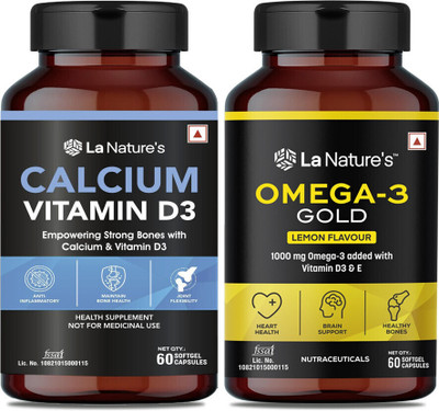 La Natures Calcium & Vitamin D3 + Omega 3 Fish Oil Capsules for Heart & Immune System(2 x 60 Capsules)